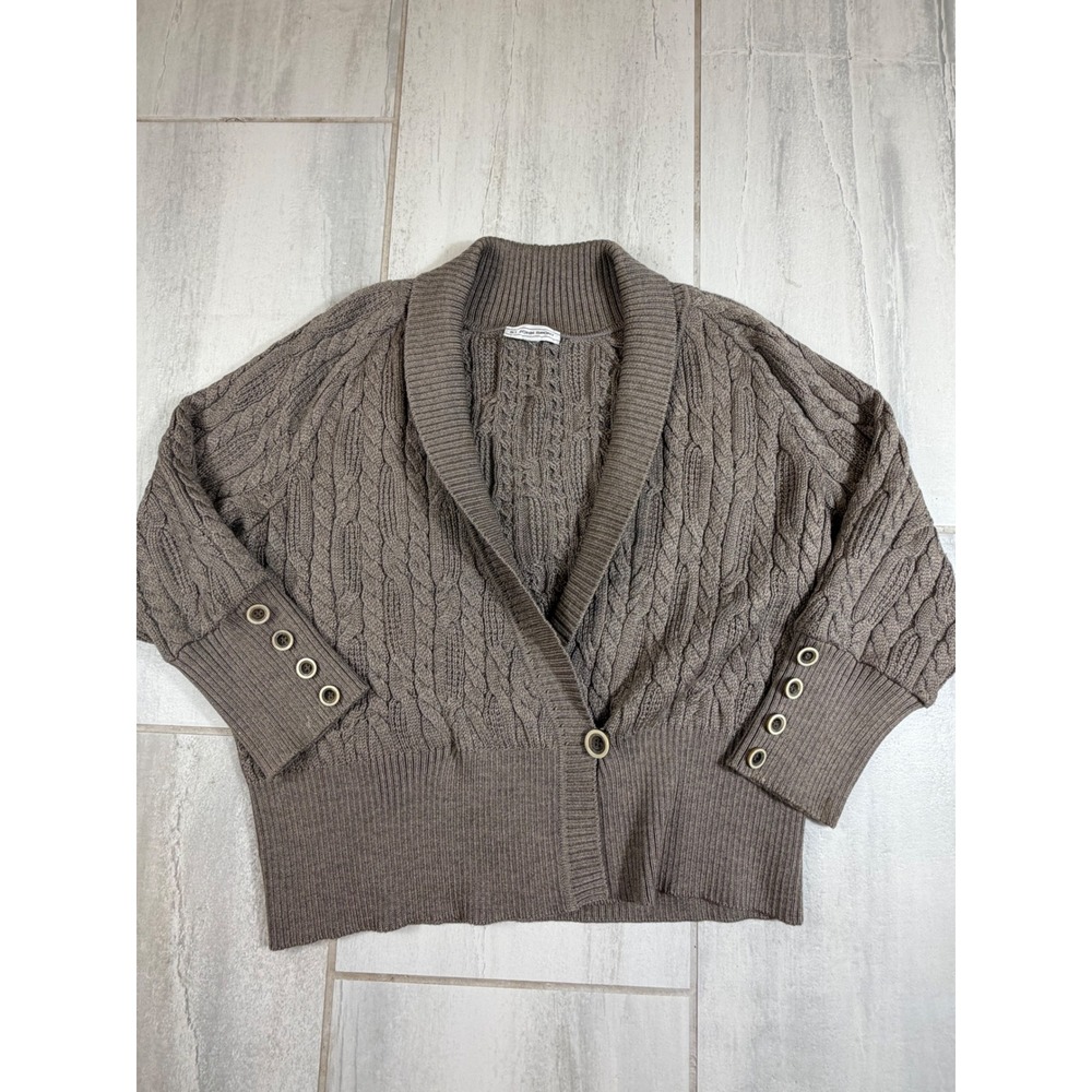 St. John Sport Brown Cable Knit Shawl Collar Cardigan Sweater Button Cuff FA06